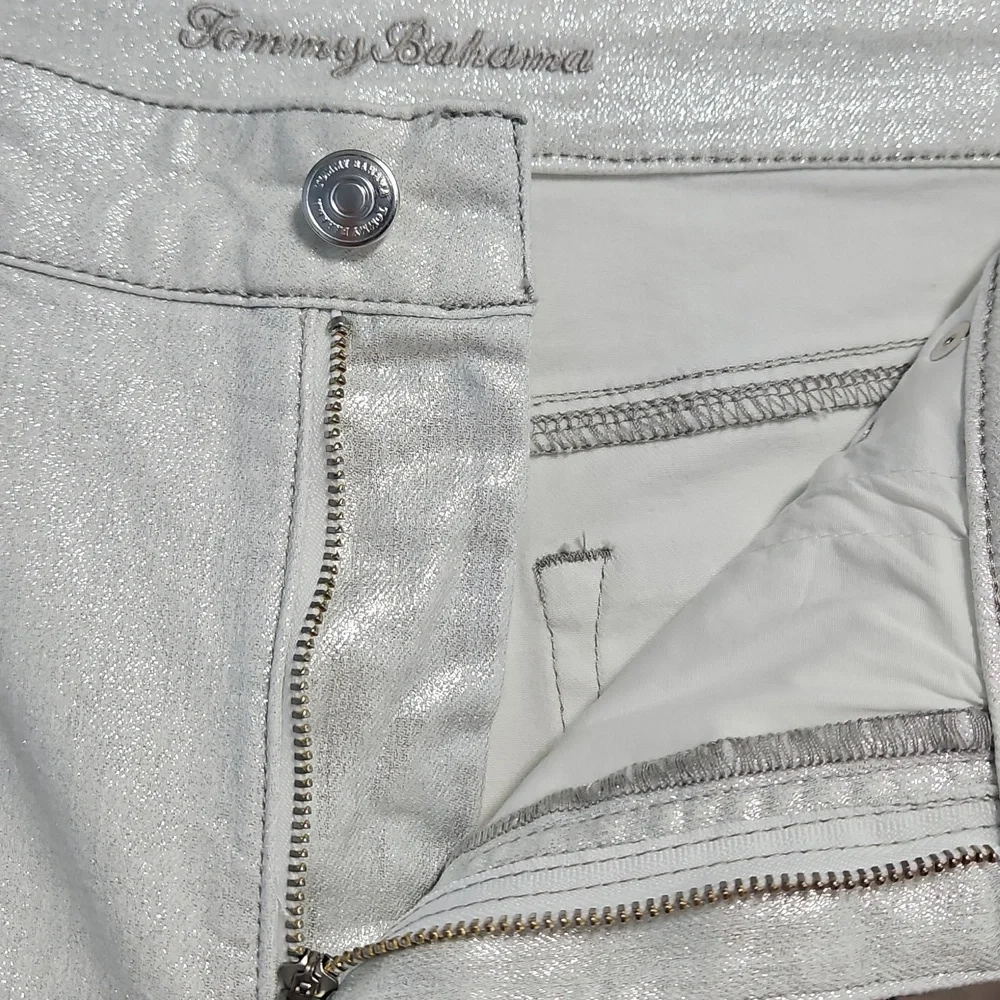 Tommy Bahama Metallic High Rise Ankle Denim: Metallic White/Silver: Size- 16 - Picture 5 of 16